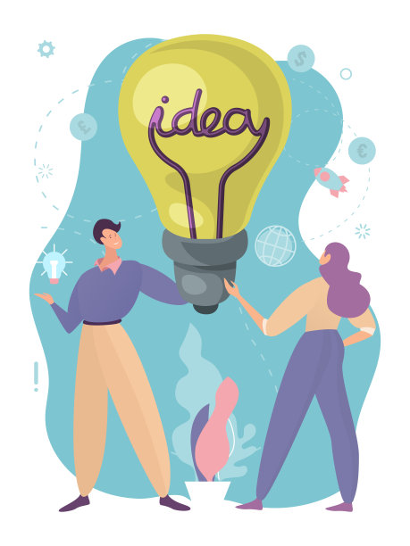 商业理念教育理念，现代沟通，创意人，设计，卡通风格矢量插画。聪明的孩子，有铭文的灯泡由工人们拿着图片下载