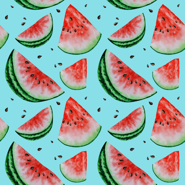 西瓜切片水果无缝图案水彩手绘插画，新鲜健康食品-天然有机食品织物纹理上的蓝色背景。剪贴簿纸素材图片