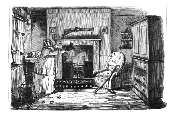 英国讽刺漫画漫画漫画插图-妇女站在室内穿着睡衣响一个大钟图片下载