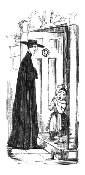 英国讽刺漫画，漫画，漫画插图，牧师在门口和一个女佣谈话图片下载