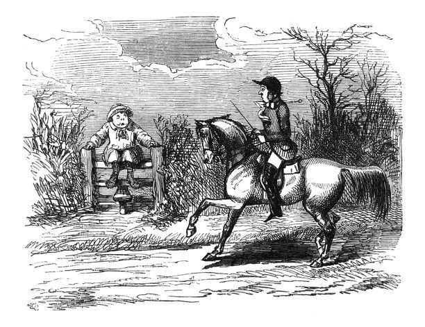 英国讽刺漫画漫画插图，男人在马上和一个坐在篱笆上的男孩说话图片下载