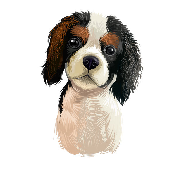 骑士国王查尔斯猎犬品种孤立在白色背景数字艺术插图。可爱的宠物手绘肖像。图形剪贴画设计逼真的动物。图片下载