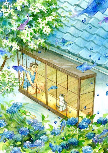 一只猫和一个年轻的女人在一个雨天看窗外图片下载