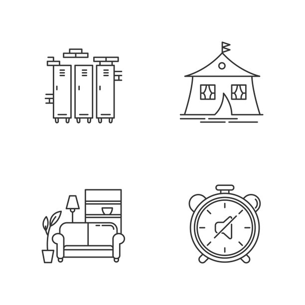 宿舍条件像素完美的线性图标设置。健身房，游泳池，储物柜。大帐篷。可自定义细线轮廓符号。孤立矢量大纲插图。可编辑的中风图片下载