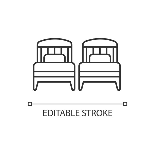 两张单人床像素完美的线性图标。一对夫妇的酒店房间。私人大厅。公寓的卧室。细线可定制的插图。轮廓的象征。矢量孤立轮廓绘制。可编辑的中风图片下载