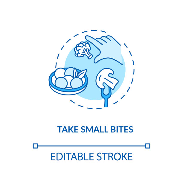 小咬概念图标。用心饮食，自觉营养观念细线插画。享受小份食物。矢量隔离轮廓RGB彩色绘图。可编辑的中风图片下载
