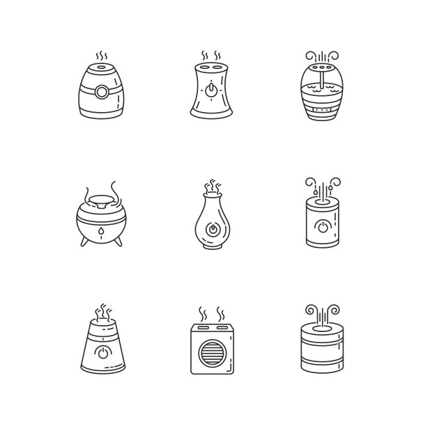 空气净化器种类RGB像素完美线性图标集。超声波和蒸汽空气净化器。可自定义细线轮廓符号。孤立矢量大纲插图。可编辑的中风图片下载