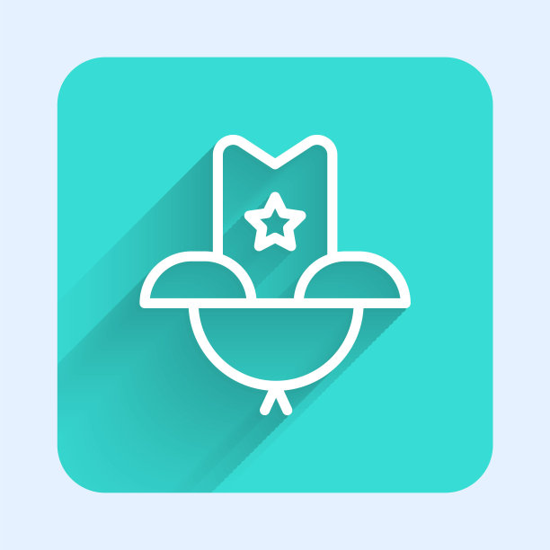 白色线条西部牛仔帽图标孤立与长影子。绿色广场按钮。矢量图图片下载