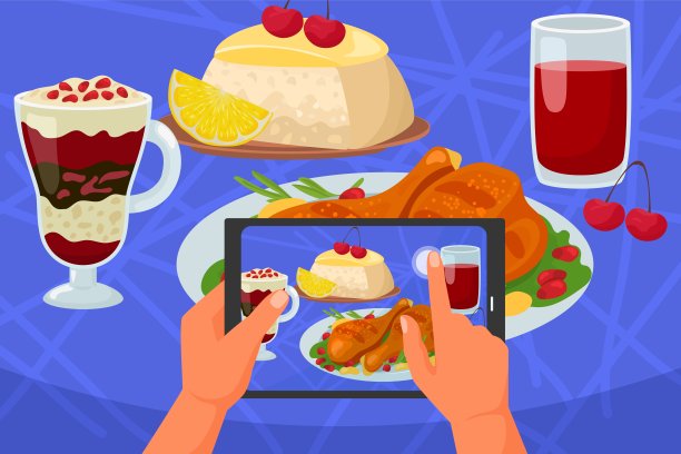 食物移动照片，手机在手矢量插图。用相机拍摄智能手机，餐桌上的餐厅午餐。图片图片下载