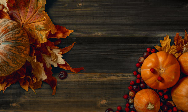 南瓜。各种树木的干叶子。栗子。橡实。红色的野生浆果。深色木制背景。秋天，万圣节，感恩节或生态概念照片。图片下载