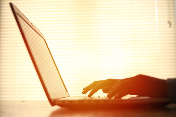 阳光下在笔记本电脑上打字。使用笔记本电脑工作的成年人图片下载