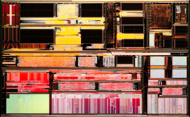 特写详细的旧微处理器晶体在红黄色的颜色图片下载