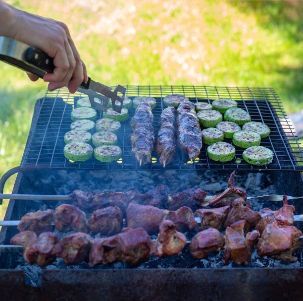 烤肉和蔬菜-夏天野餐，在厨师的手的框架图片下载