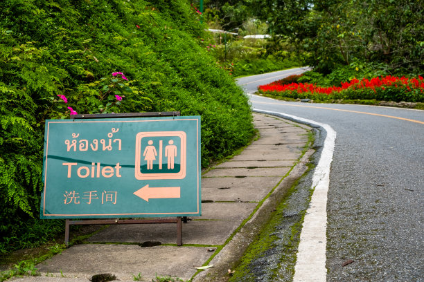 在公园的绿色指示牌上，厕所用泰、英、中三种语言标示，并附有向左的图示和箭头。图片下载