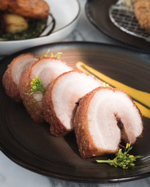 多汁的油炸酥脆猪肉配上芥末酱图片下载