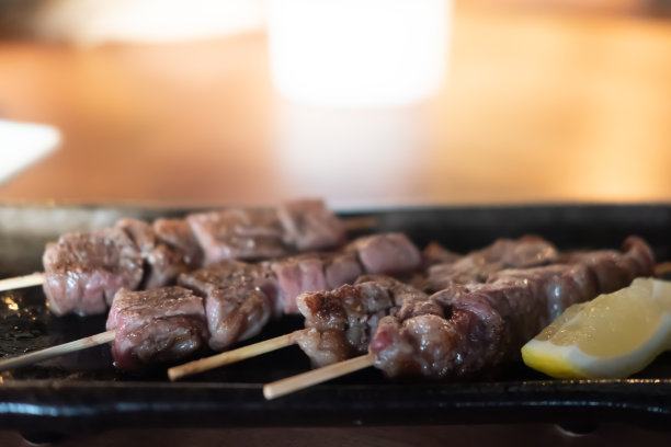 烤五花肉与红烧酱汁在陶瓷盘子。亚洲自制风格的食物概念。日式烤肉串的食物图片下载