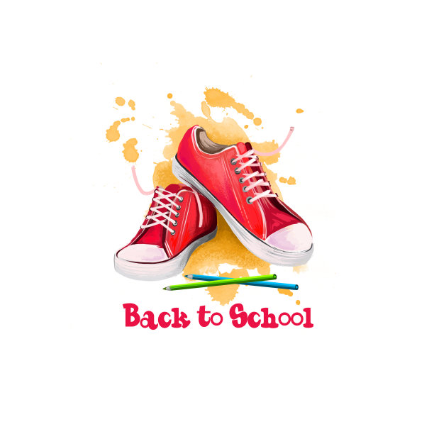 回到学校数字艺术插画。开始学习年度事件。手绘彩色铅笔，红色帆布鞋孤立在白色和油漆飞溅。图形剪辑艺术设计概念图片下载
