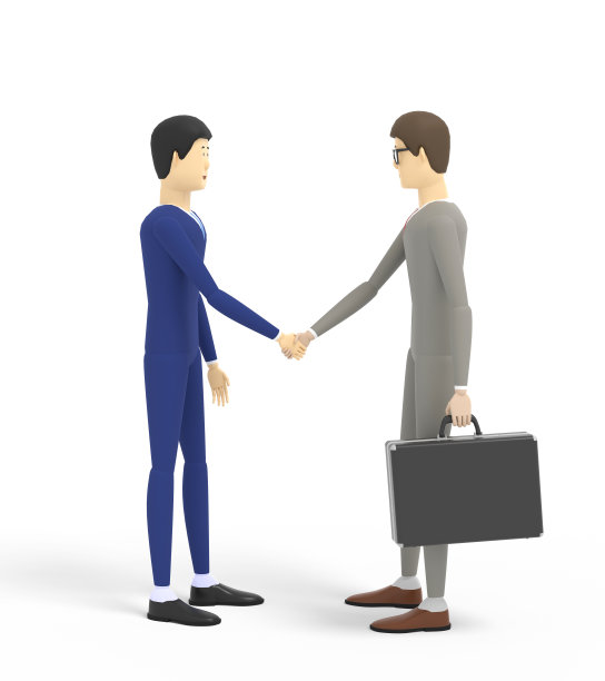 两个穿着西装的年轻商人互相问候并握手。白色背景。三维演示图片下载