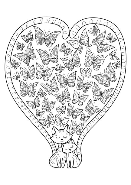 涂鸦涂色书页猫和蝴蝶。Anti-tress成人。风格图片下载