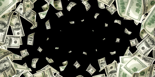 美元的钞票。华盛顿美国现金。美元货币黑色背景。钱在下降。图片下载