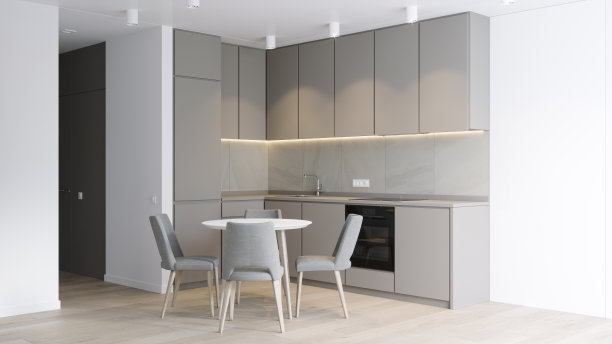 厨房角落的3D渲染，明亮的颜色与桌子和椅子图片下载