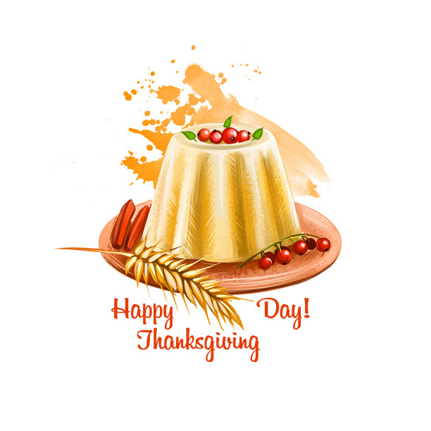 快乐感恩节横幅数字艺术插图与牛奶巧克力纸杯蛋糕装饰红色浆果，小麦穗和糖果在盘子上，节日款待贺卡设计海报。图片下载