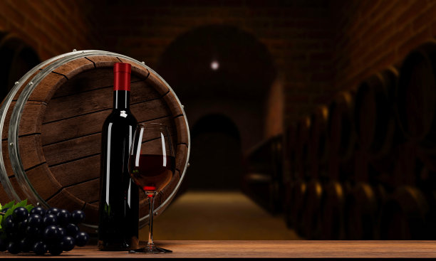 桌子上有一个酒窖，里面有红的和绿的葡萄。背景是一个地下酒窖。三维渲染图片下载