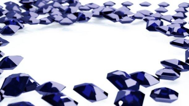 蓝色翡翠切割宝石钻石堆在白色的背景，3D插图图片下载