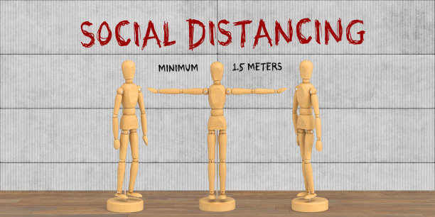 带有社交距离信息的微型木制人体模型图片下载