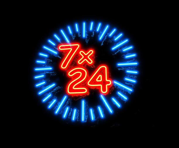 霓虹灯“7/24”招牌在闪亮的黑色背景图片下载