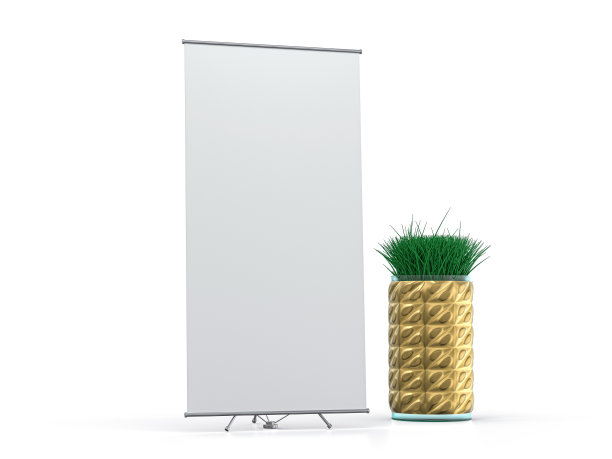 卷起横幅架。模型上的白色背景。3 d演示。图片下载