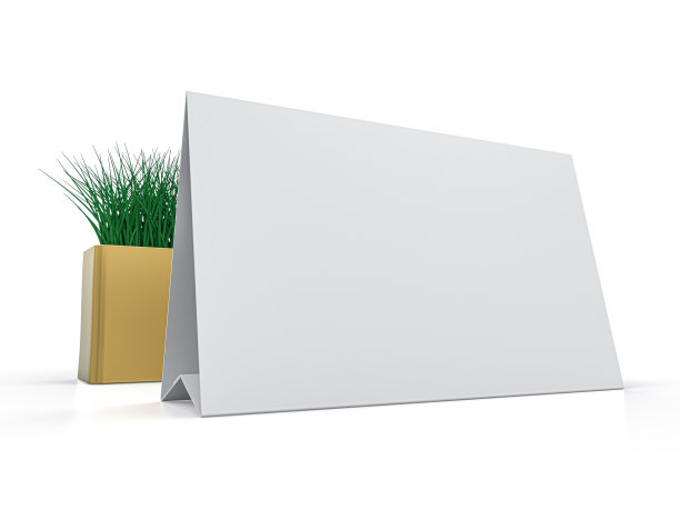 空白纸桌子帐篷。模型上的白色背景。3 d演示。图片下载