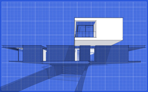 3d渲染的现代房子在山上与水池黑色线在蓝图的背景图片下载