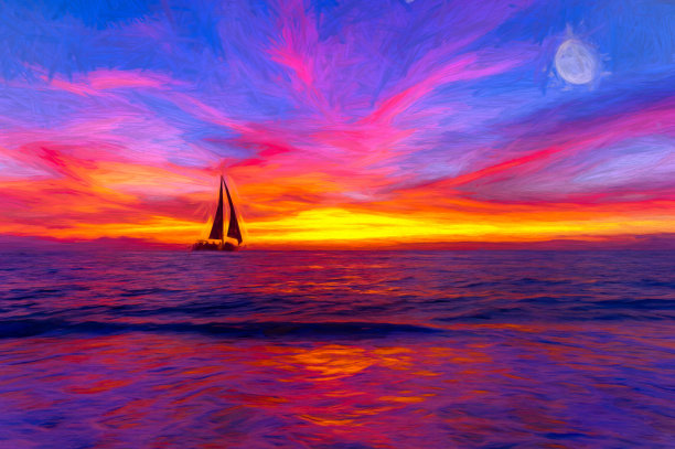 日落帆船月球图片下载