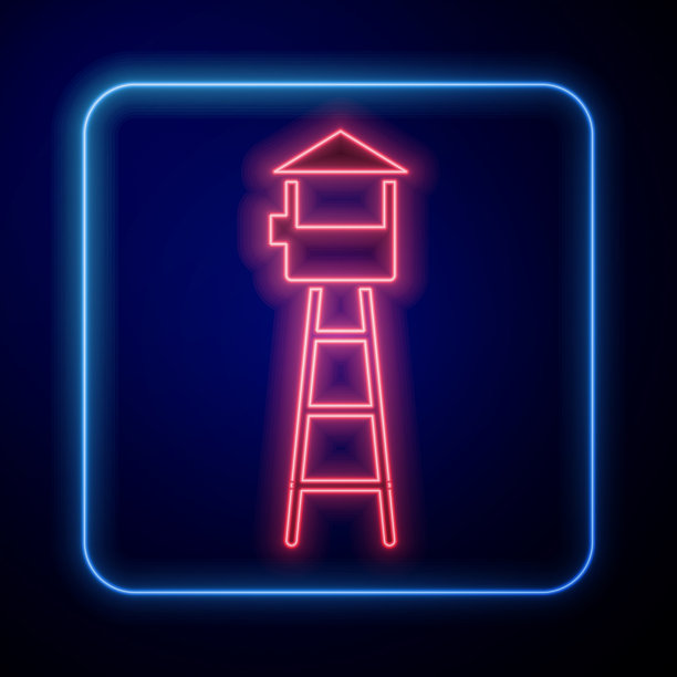 发光的霓虹灯瞭望塔图标孤立在蓝色图片下载