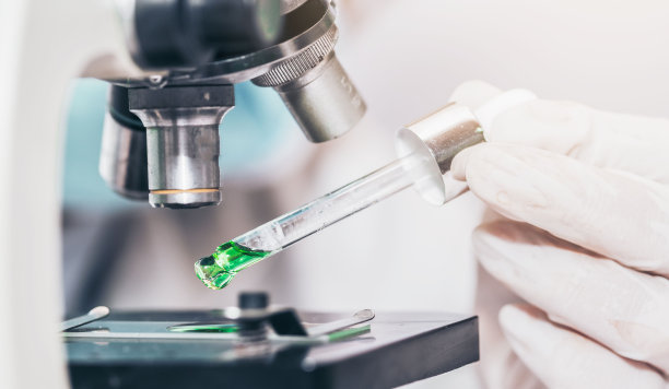 科学家与设备和科学实验实验室玻璃器皿含有化学液体。在生命科学实验室工作的卫生保健研究人员在研究实验室分析显微镜载玻片素材图片