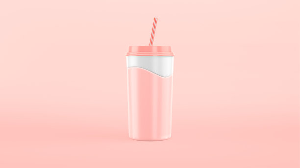 3D渲染纸杯粉色草莓奶昔，牛奶。慢动作波浪飞溅。工艺，塑料杯与吸管卡通风格。图片下载