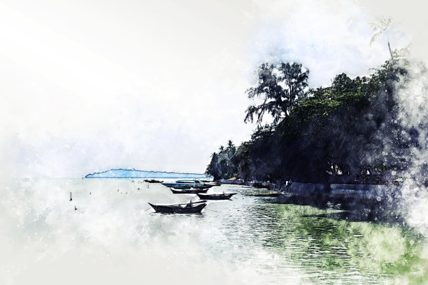 抽象彩色软波、水、海、树景观的水彩插画背景。图片下载