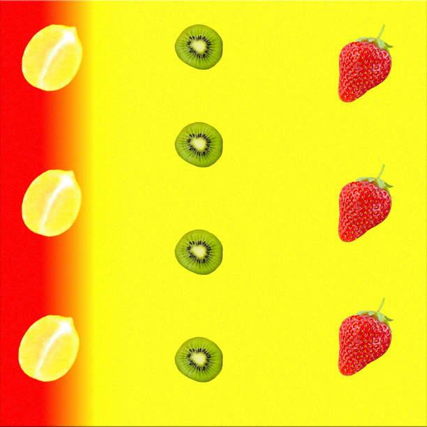 黄色和红色的背景与水果片。图片下载