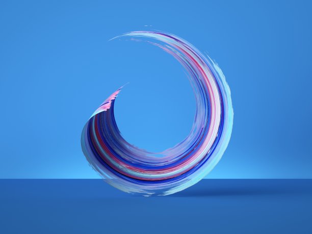 3d渲染，彩色圆形水粉涂抹，卷曲对象孤立在蓝色背景，笔触条纹剪辑艺术，现代最小创意设计图片下载