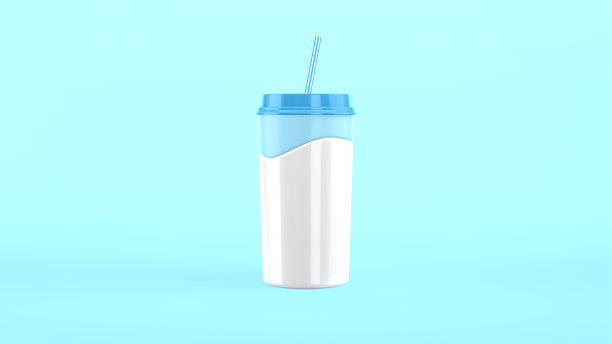 3D渲染杯牛奶，奶昔在蓝色的背景。慢动作波浪飞溅。工艺，塑料杯与吸管卡通风格。图片下载