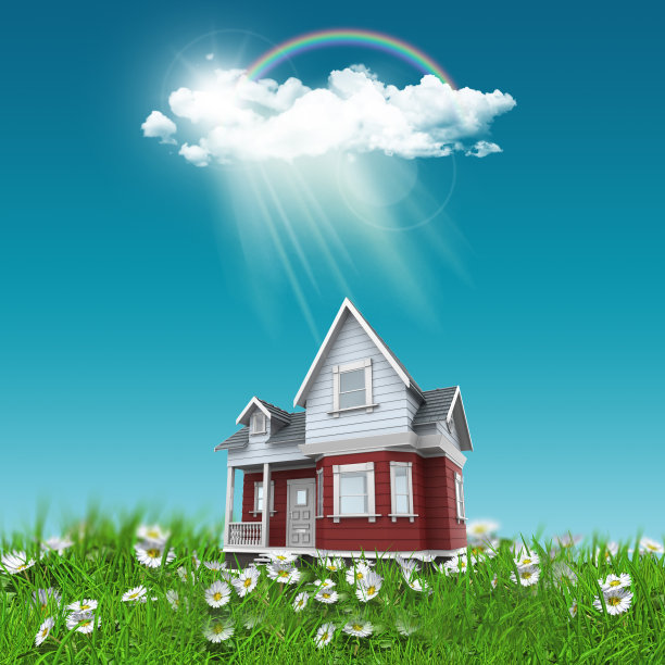 3D房子依偎在草地和雏菊对蓝色阳光天空图片下载