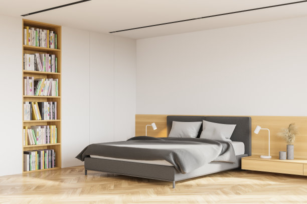 白色的主卧室角落配有书柜图片下载