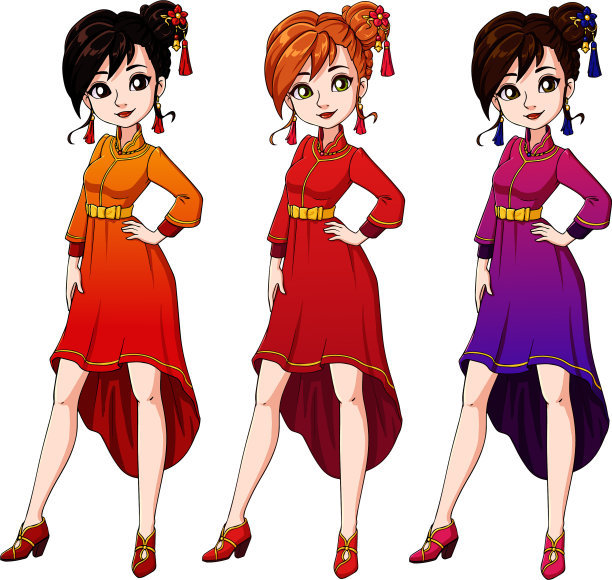 可爱的卡通女孩穿着中国传统服饰图片下载