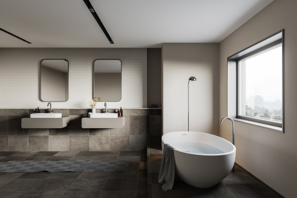 米色和瓷砖浴室内部图片下载