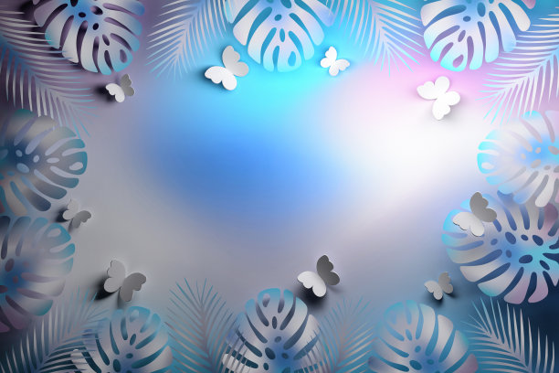 蓝色发光的热带背景与蝴蝶图片下载