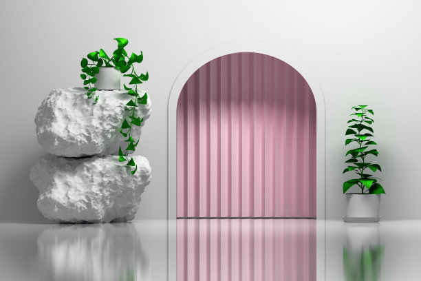 室内设有圆形入口和粉色窗帘图片下载