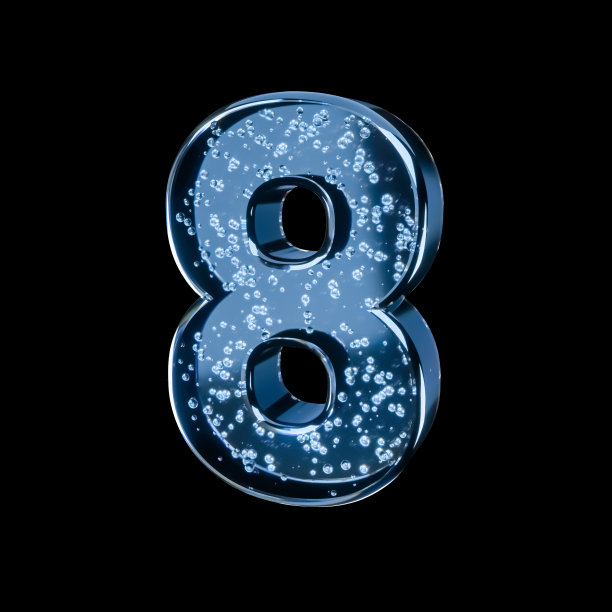 蓝色的水字母与气泡内孤立的黑色背景(数字8)。水晶清晰的字体。3 d渲染。适用于广告、聚会、活动、标语牌、庆典、公告、促销、促销。图片下载