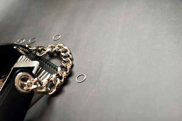 黑色皮包链，白色手机，斑马纹，银色细环在黑色背景图片下载