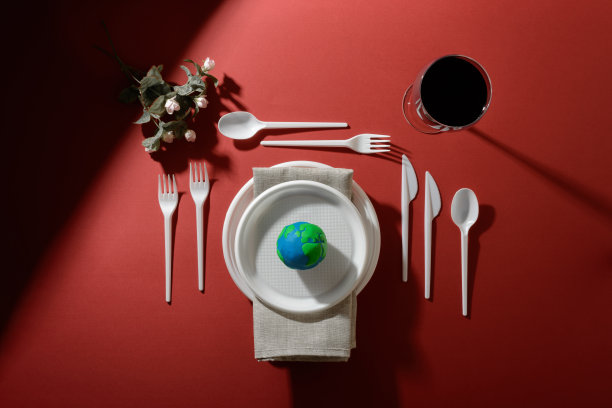 用地球，塑料盘子，勺子，叉子，刀，餐巾，花和用石油的葡萄酒杯。生态概念的地球一小时，地球日，海洋日和其他ECO日期。图片下载